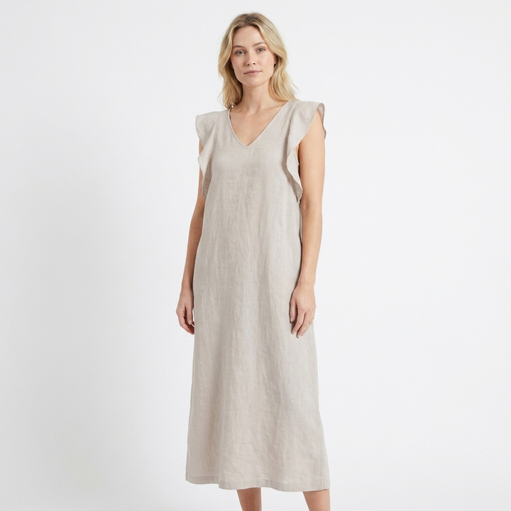 Women's Linen Maxi Dress V-Neck Relaxed Fit Flutter Sleeve