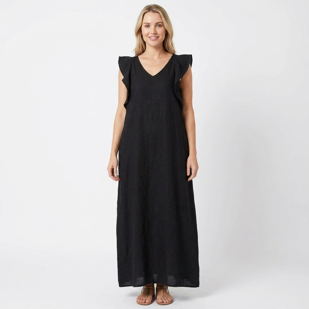 Women's Linen Maxi Dress V-Neck Relaxed Fit Flutter Sleeve