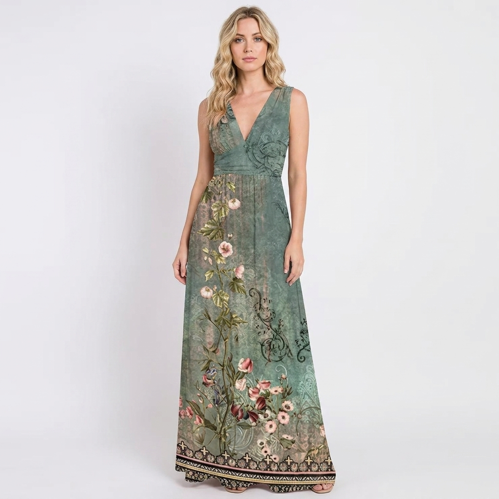 Women's Vintage Floral Print Maxi Dress V-Neck Sleeveless A-Line