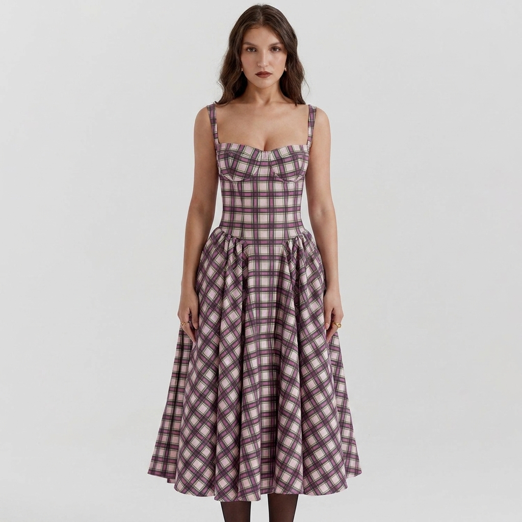 Women's Corset Bustier Midi Dress Fit and Flare Full Skirt