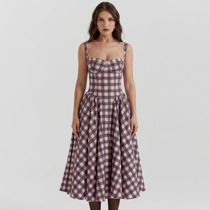 Women's Corset Bustier Midi Dress Fit and Flare Full Skirt