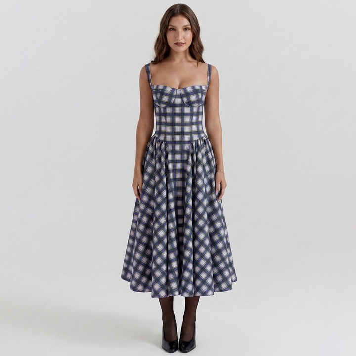 Women's Corset Bustier Midi Dress Fit and Flare Full Skirt