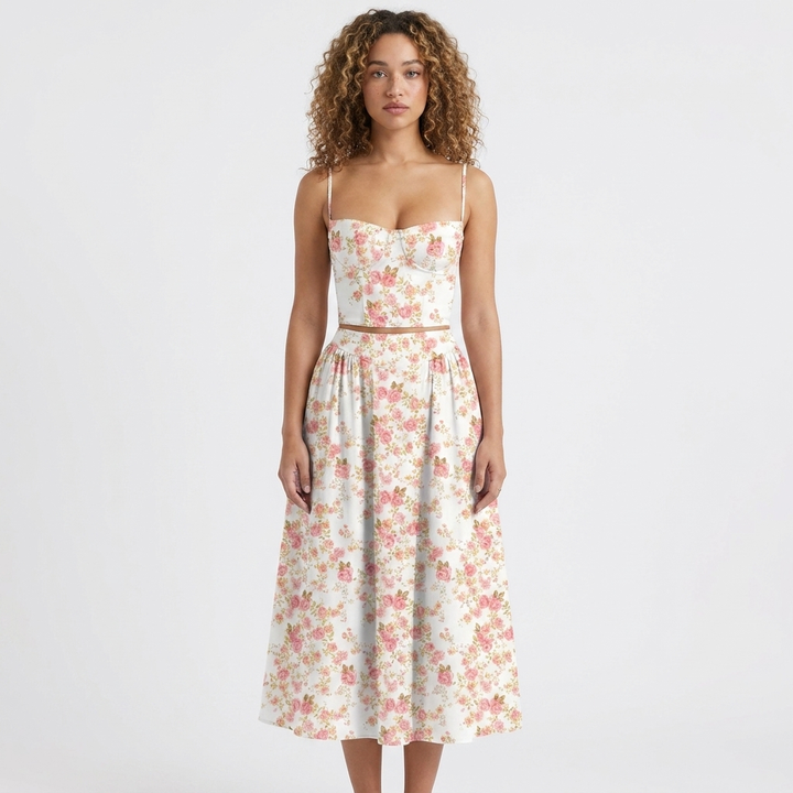 Women's Corset Bustier Midi Dress Fit and Flare Full Skirt