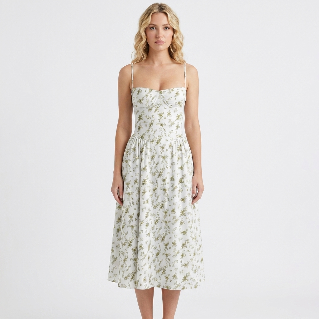 Women's Corset Bustier Midi Dress Fit and Flare Full Skirt