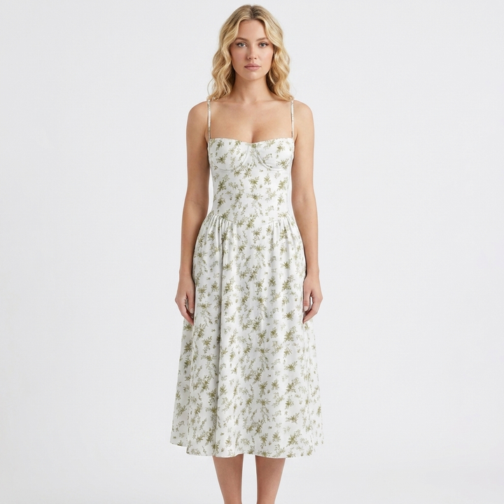 Women's Corset Bustier Midi Dress Fit and Flare Full Skirt