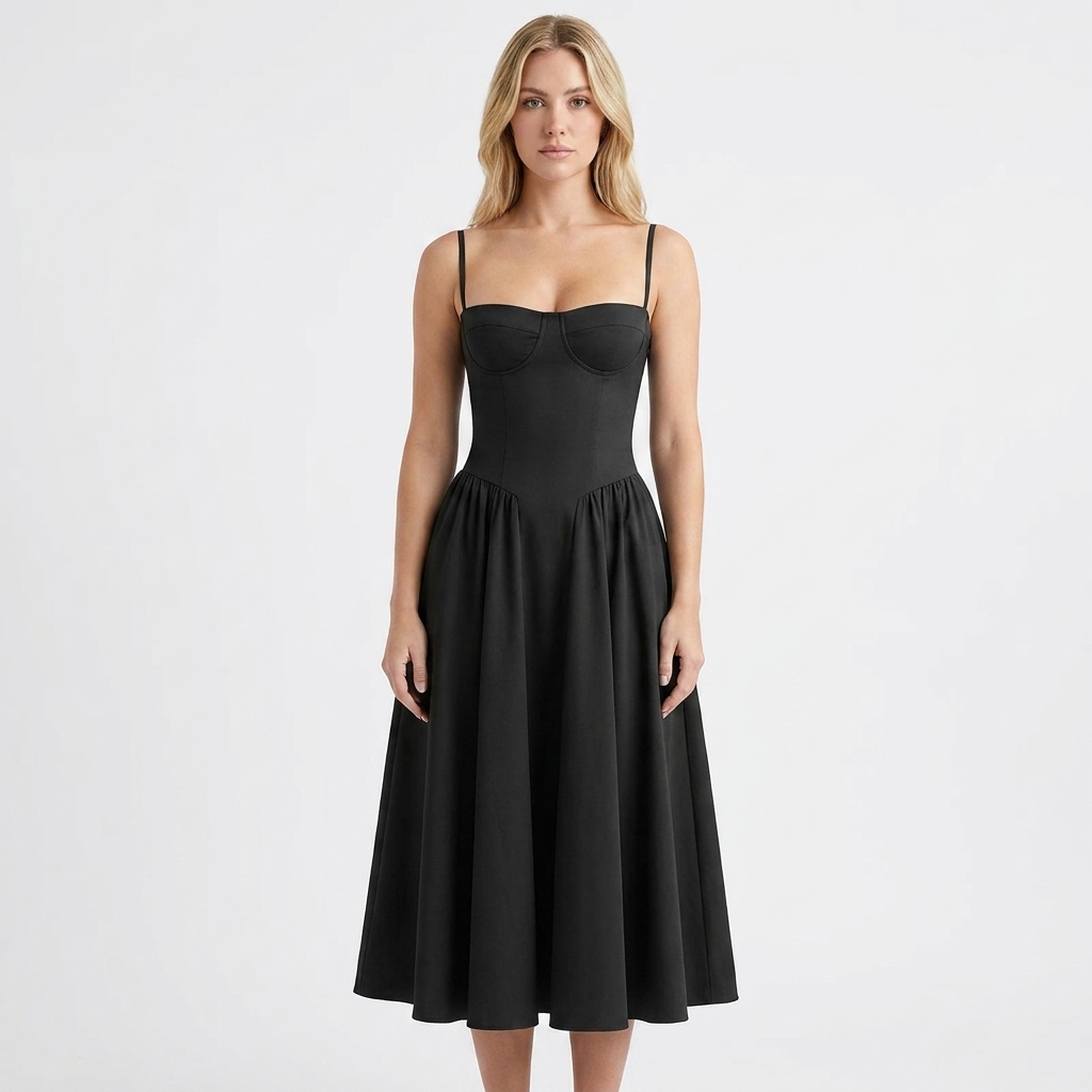 Women's Corset Bustier Midi Dress Fit and Flare Full Skirt
