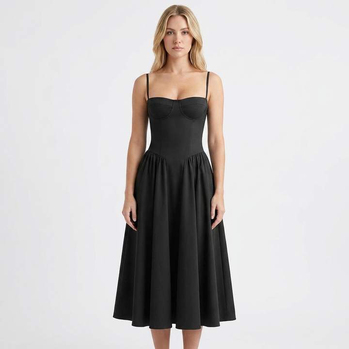 Women's Corset Bustier Midi Dress Fit and Flare Full Skirt