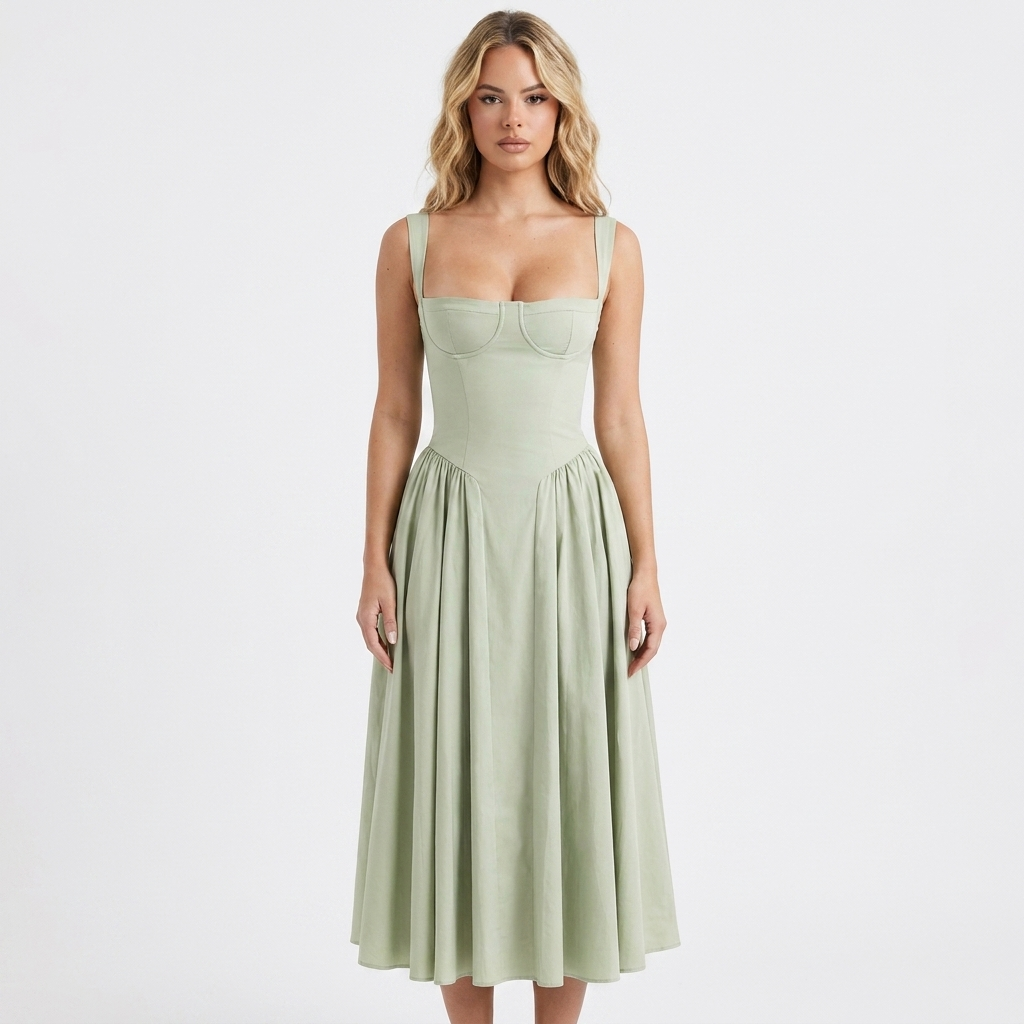 Women's Corset Bustier Midi Dress Fit and Flare Full Skirt