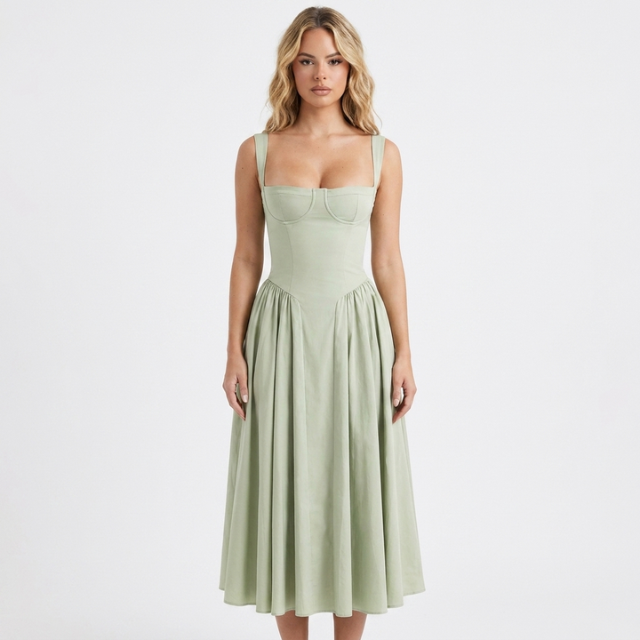 Women's Corset Bustier Midi Dress Fit and Flare Full Skirt