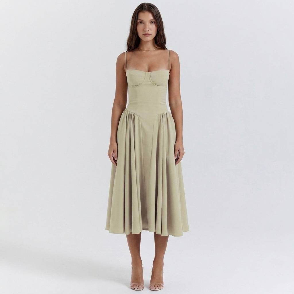 Women's Corset Bustier Midi Dress Fit and Flare Full Skirt