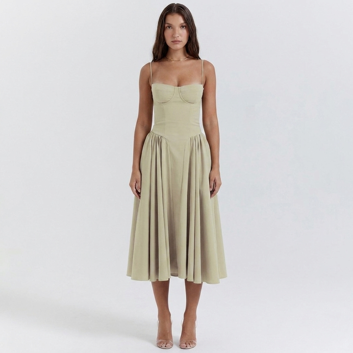 Women's Corset Bustier Midi Dress Fit and Flare Full Skirt