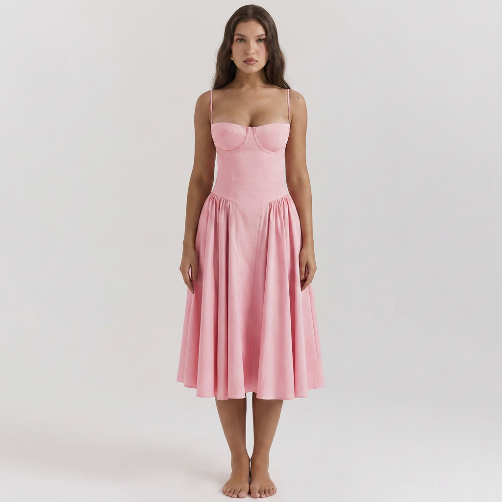 Women's Corset Bustier Midi Dress Fit and Flare Full Skirt