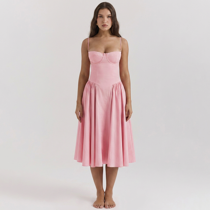 Women's Corset Bustier Midi Dress Fit and Flare Full Skirt