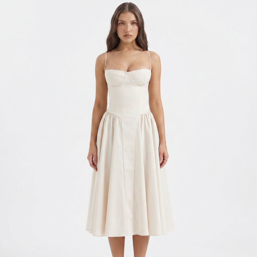 Women's Corset Bustier Midi Dress Fit and Flare Full Skirt
