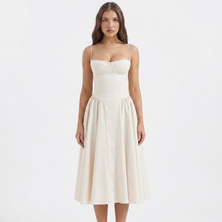 Women's Corset Bustier Midi Dress Fit and Flare Full Skirt
