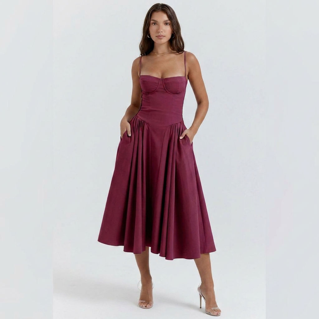 Women's Corset Bustier Midi Dress Fit and Flare Full Skirt