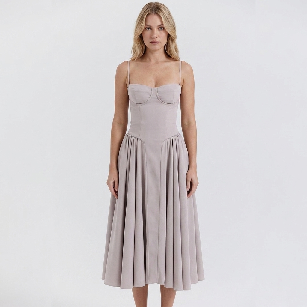 Women's Corset Bustier Midi Dress Fit and Flare Full Skirt