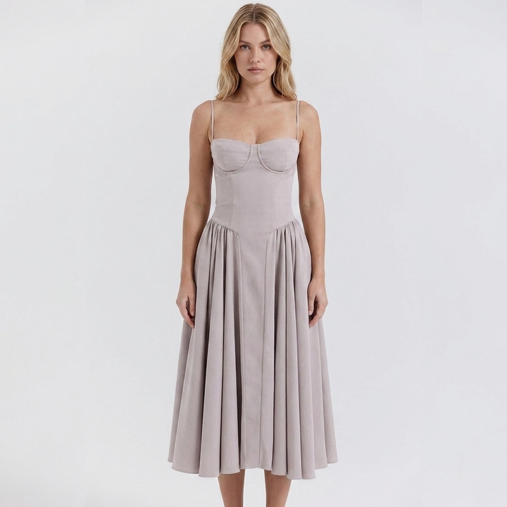 Women's Corset Bustier Midi Dress Fit and Flare Full Skirt