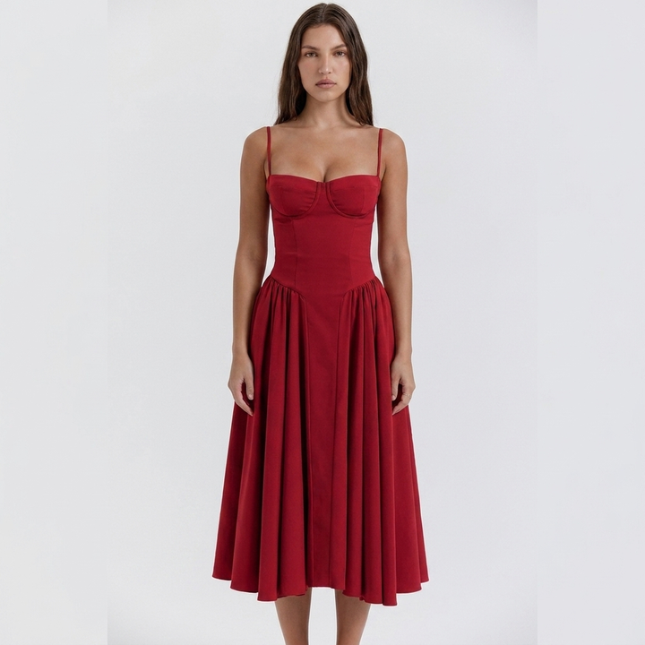 Women's Corset Bustier Midi Dress Fit and Flare Full Skirt