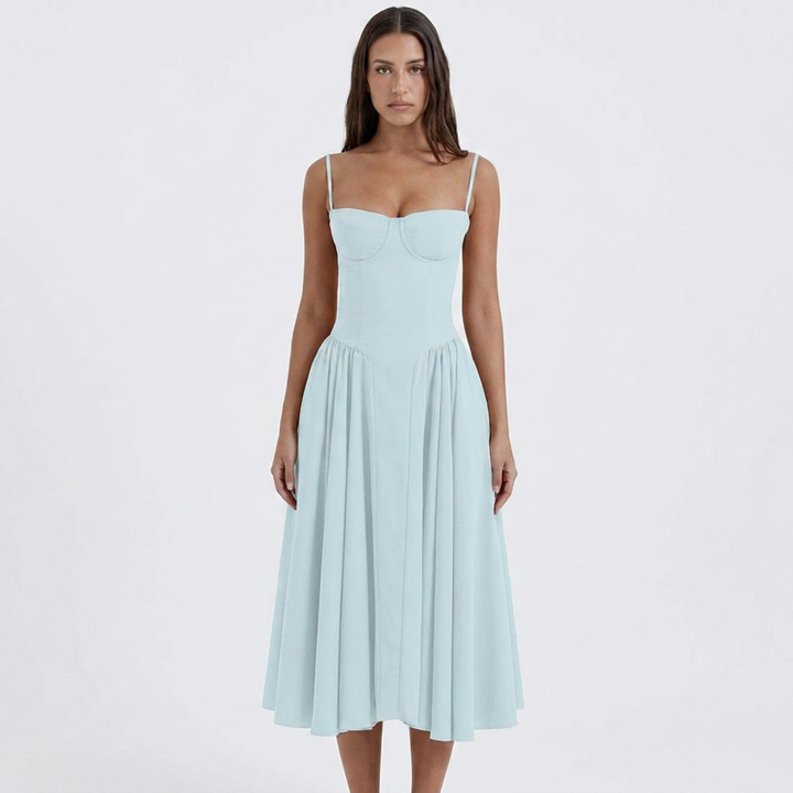 Women's Corset Bustier Midi Dress Fit and Flare Full Skirt