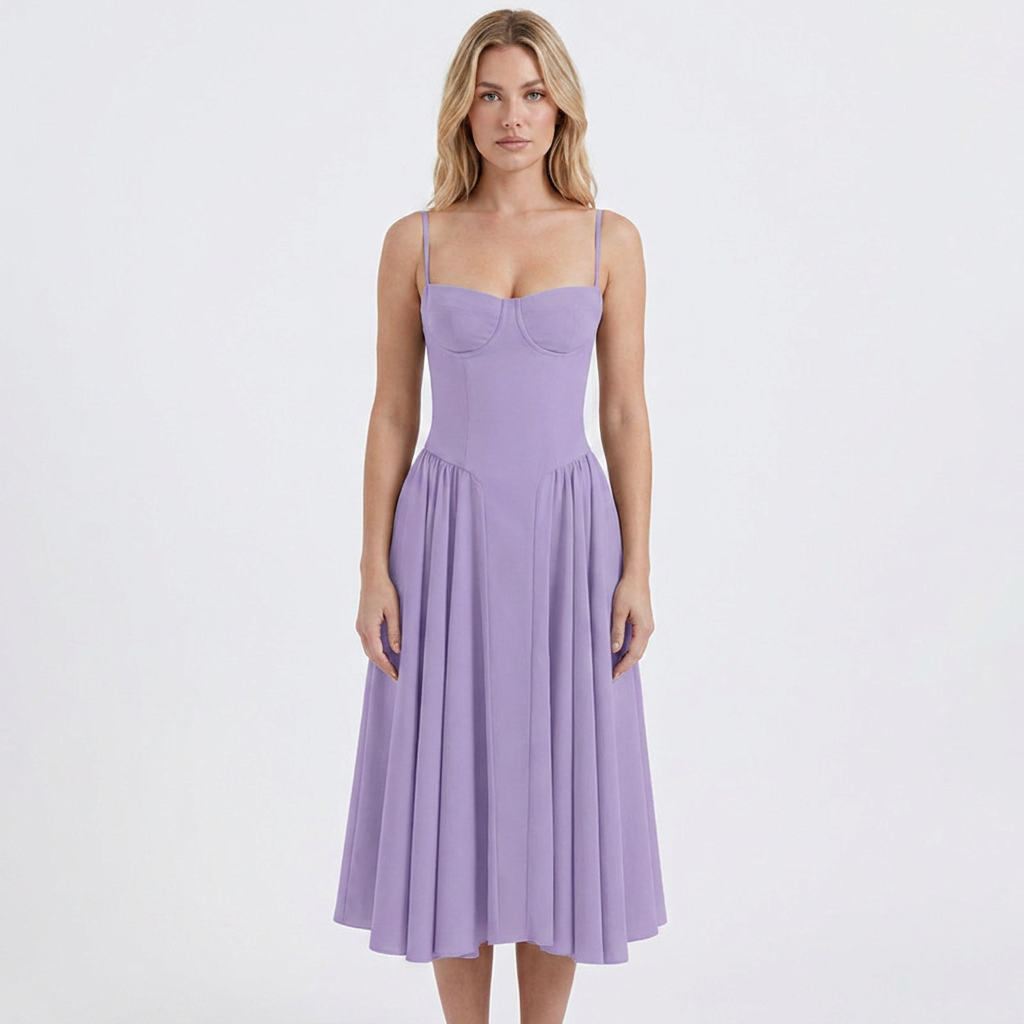 Women's Corset Bustier Midi Dress Fit and Flare Full Skirt