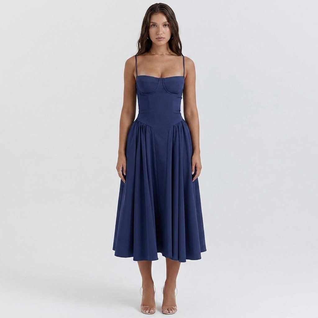 Women's Corset Bustier Midi Dress Fit and Flare Full Skirt