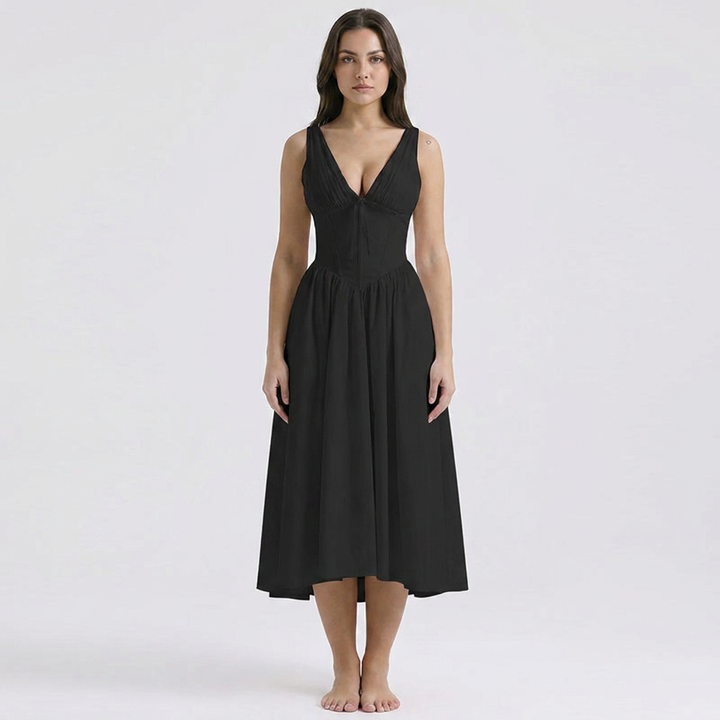 Women's Floral Print Fit and Flare Dress V-Neck Sleeveless Midi