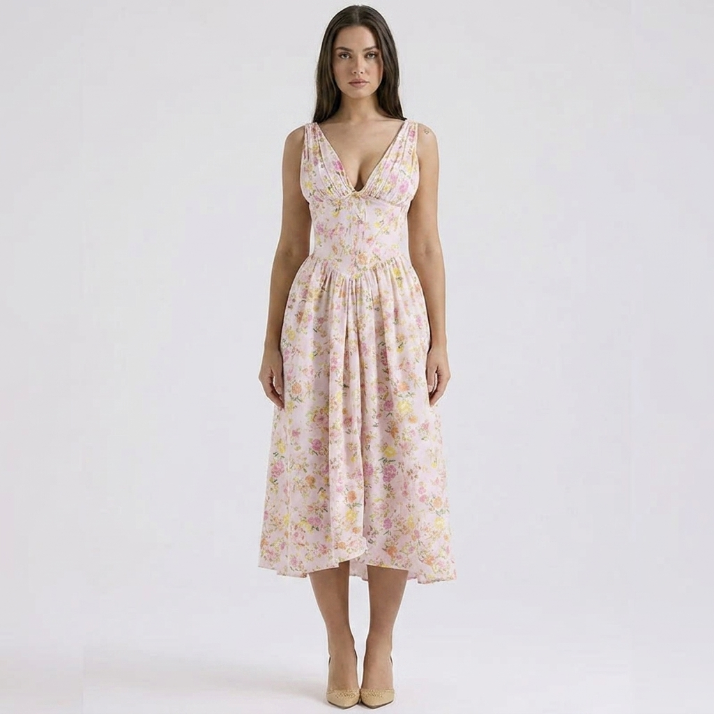 Women's Floral Print Fit and Flare Dress V-Neck Sleeveless Midi