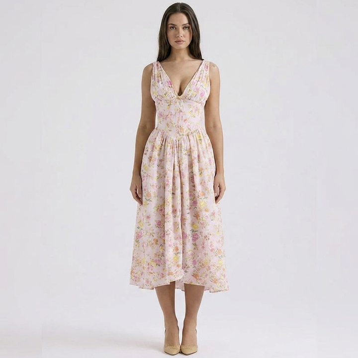 Women's Floral Print Fit and Flare Dress V-Neck Sleeveless Midi