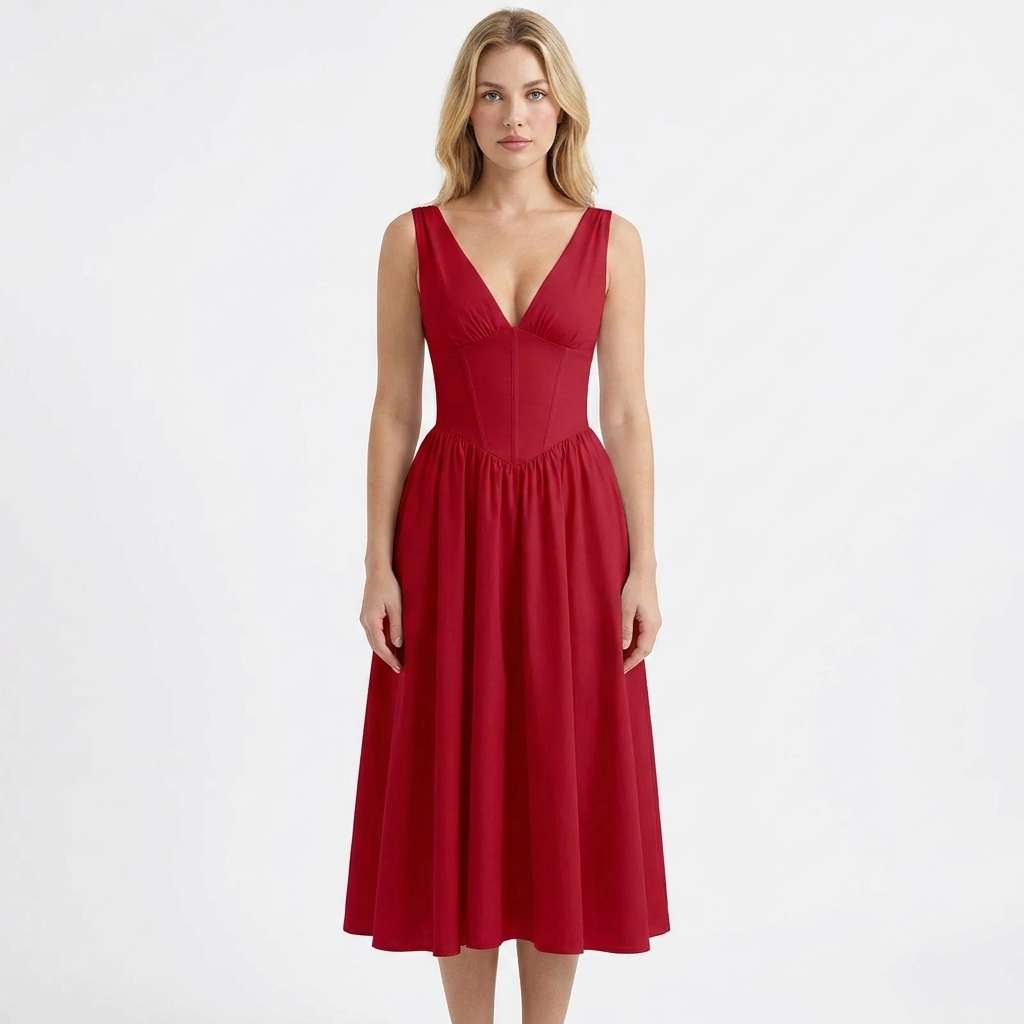 Women's Floral Print Fit and Flare Dress V-Neck Sleeveless Midi