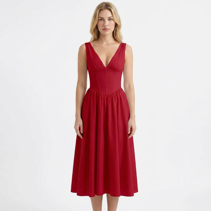 Women's Floral Print Fit and Flare Dress V-Neck Sleeveless Midi