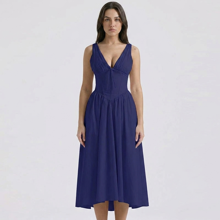 Women's Floral Print Fit and Flare Dress V-Neck Sleeveless Midi