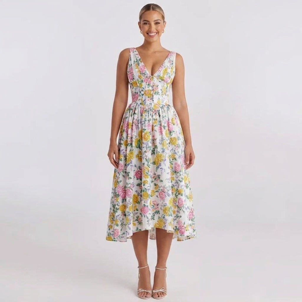 Women's Floral Print Fit and Flare Dress V-Neck Sleeveless Midi