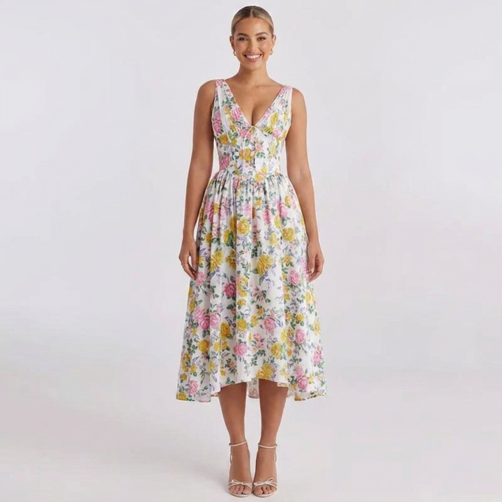 Women's Floral Print Fit and Flare Dress V-Neck Sleeveless Midi
