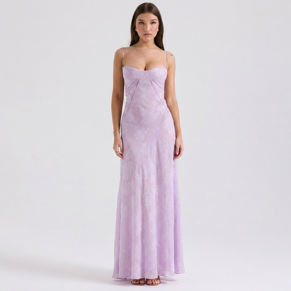 Women's Floral Jacquard Slip Dress Sweetheart Neck Maxi