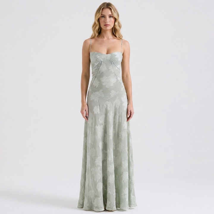 Women's Floral Jacquard Slip Dress Sweetheart Neck Maxi