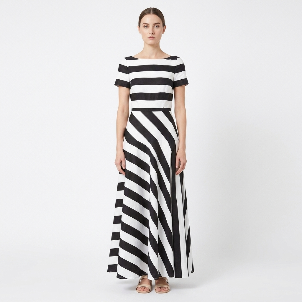 Women's Striped Maxi Dress Boat Neck Short Sleeve Asymmetric Hem