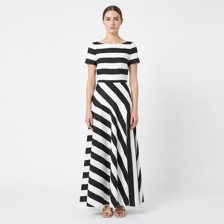 Women's Striped Maxi Dress Boat Neck Short Sleeve Asymmetric Hem