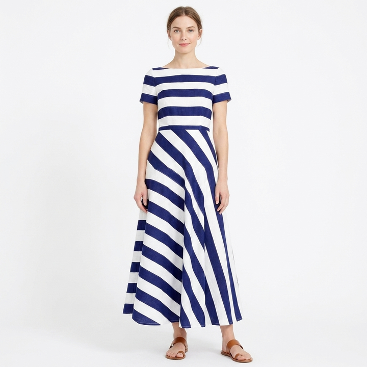 Women's Striped Maxi Dress Boat Neck Short Sleeve Asymmetric Hem