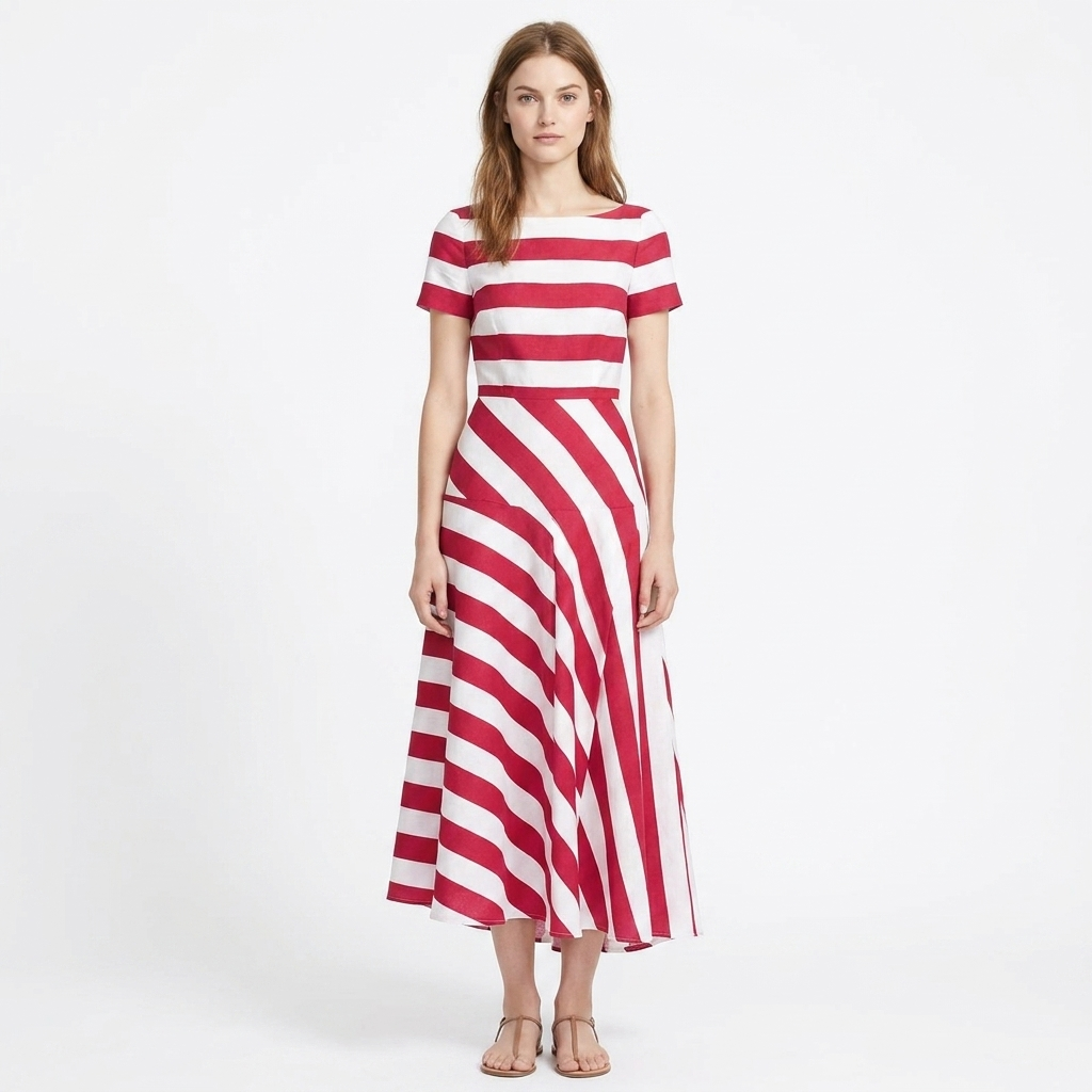 Women's Striped Maxi Dress Boat Neck Short Sleeve Asymmetric Hem