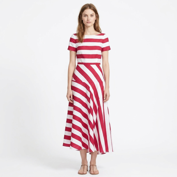 Women's Striped Maxi Dress Boat Neck Short Sleeve Asymmetric Hem