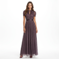 Women's Chiffon Maxi Dress Keyhole Neck Puff Sleeve Lace Trim