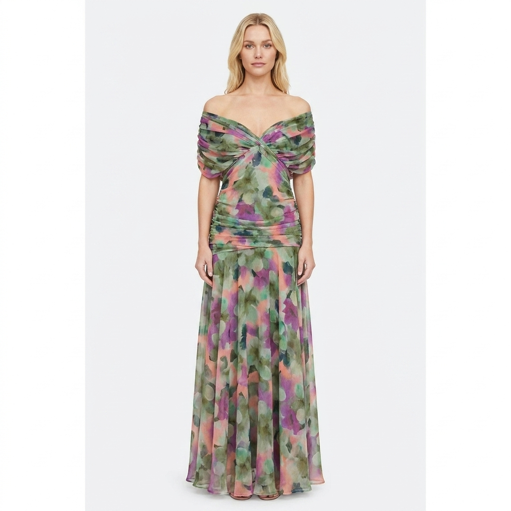 Women's Off-Shoulder Floral Print Maxi Dress Ruched Waist Flowy