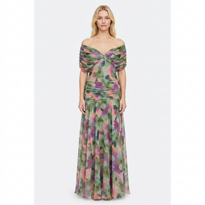 Women's Off-Shoulder Floral Print Maxi Dress Ruched Waist Flowy