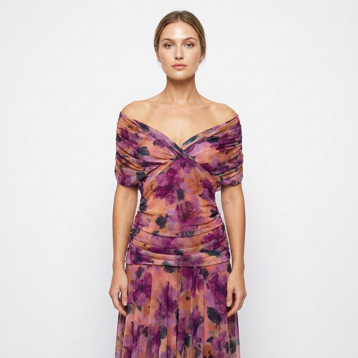Women's Off-Shoulder Floral Print Maxi Dress Ruched Waist Flowy
