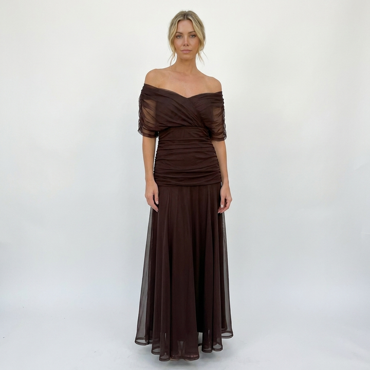 Women's Off-Shoulder Floral Print Maxi Dress Ruched Waist Flowy