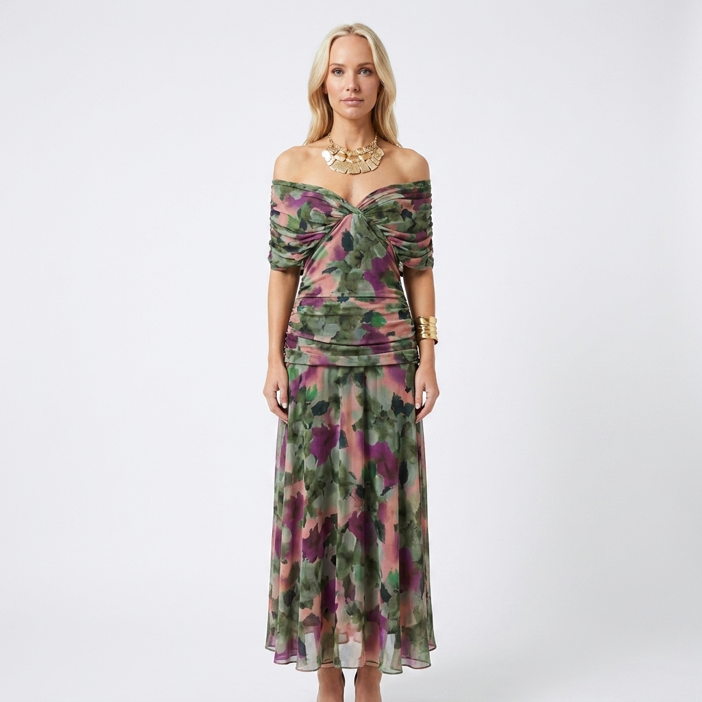Women's Off-Shoulder Floral Print Maxi Dress Ruched Waist Flowy