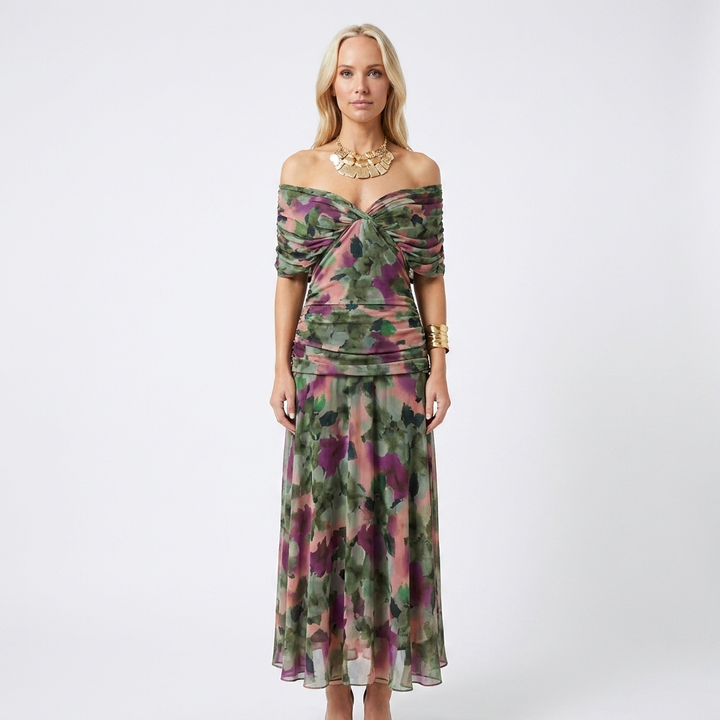 Women's Off-Shoulder Floral Print Maxi Dress Ruched Waist Flowy