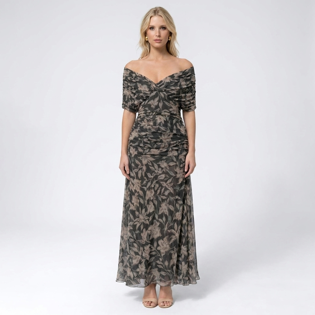 Women's Off-Shoulder Floral Print Maxi Dress Ruched Waist Flowy