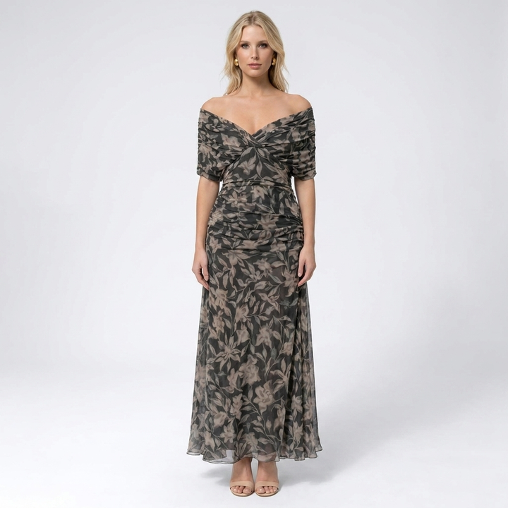 Women's Off-Shoulder Floral Print Maxi Dress Ruched Waist Flowy